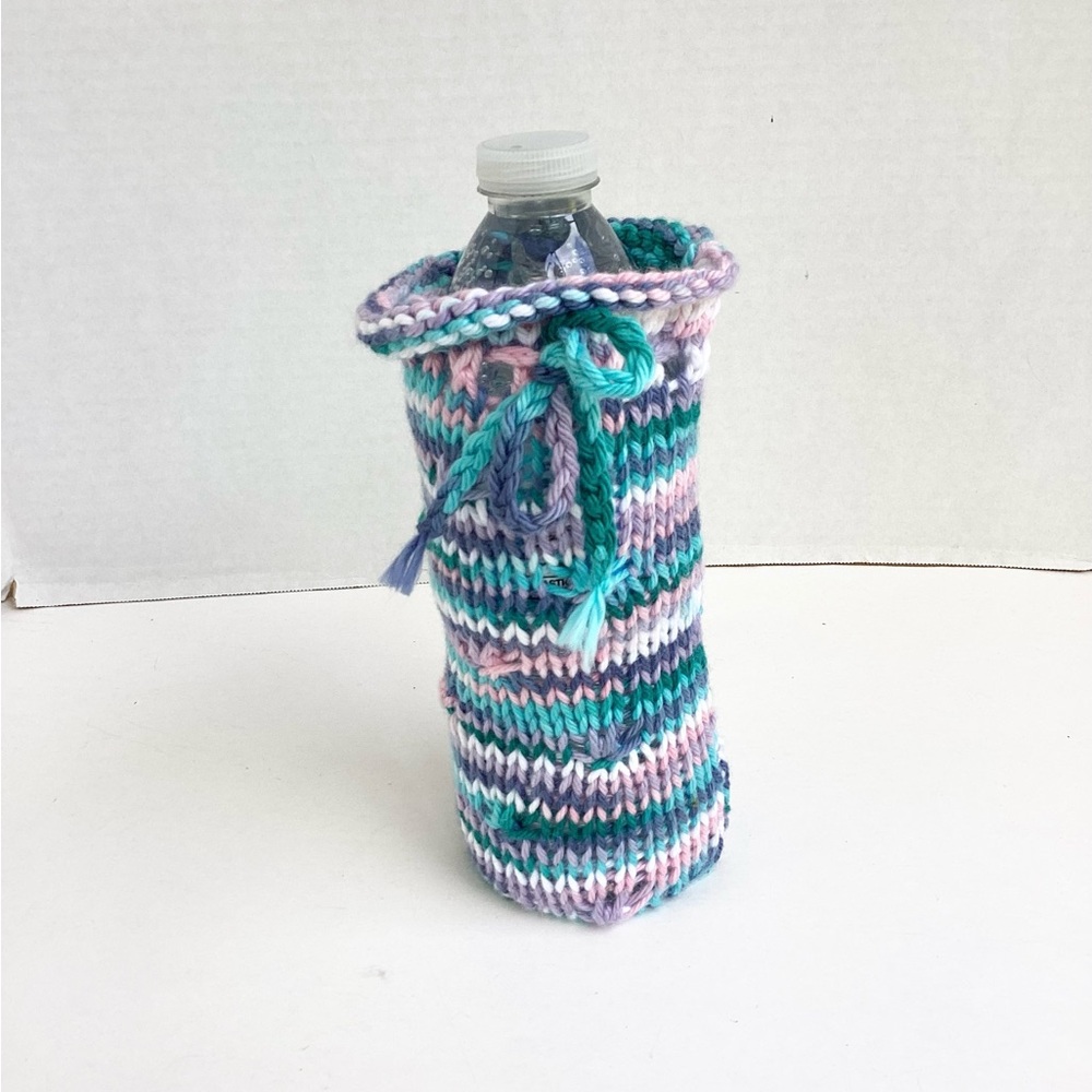 Bottle Cozy Hand Crafted Multicolored Knit Blue Pink